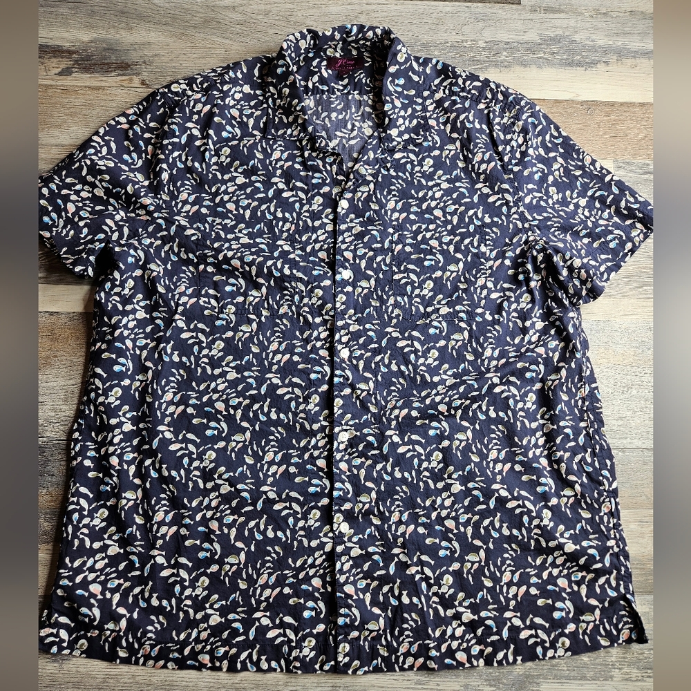 J. Crew X Liberty Fabrics SS Fish Pattern Short Sleeve Button Down Large